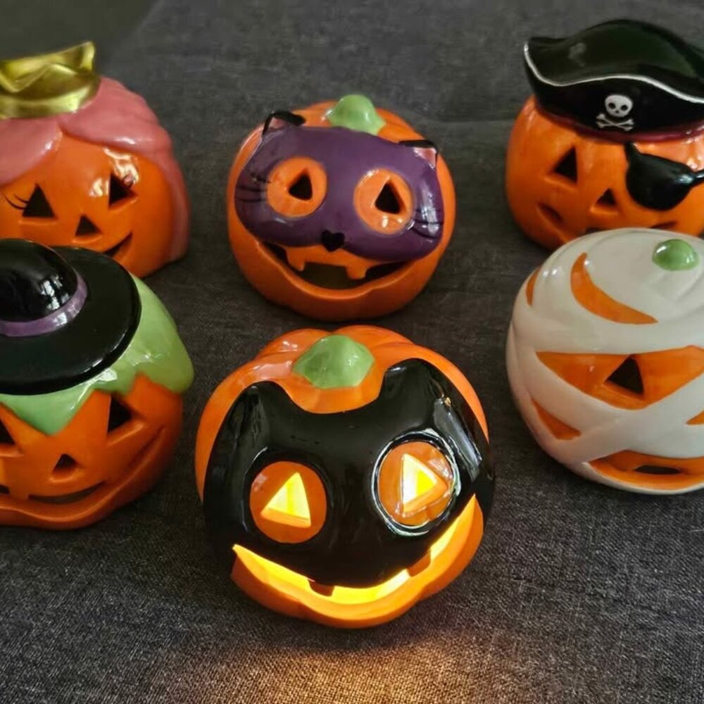 Ceramic Pumpkins LED Auto Timer Mr. Christmas Classic Halloween Décor Set of 6